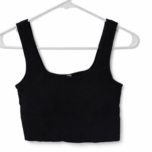 Zenana Padded Black Ribbed Square-Neck Crop Tank Top